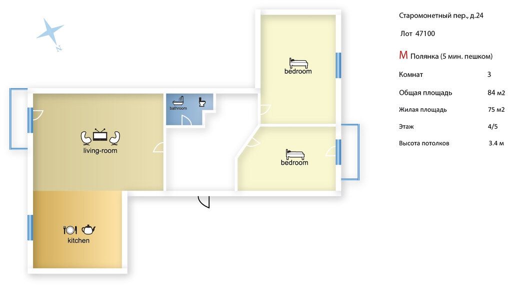 m. Polyanka: Apartment, 3-rooms